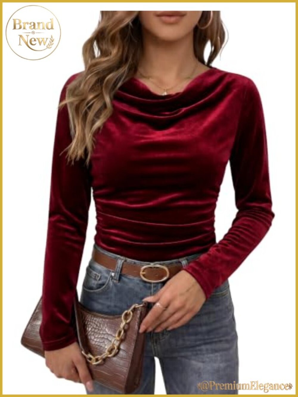 Cowl Neck Long Sleeve Velvet Top Slim Fit Pullover